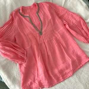 120% Lino Pink Linen Tunic with Beaded Neckline - Size 48 (L)